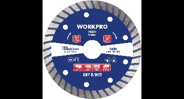 WORKPRO WP405042 – Turbo Diamantschijf Ø115 mm x 22,2 mm – Voor Tegels, Steen & Beton – Nat & Droog – Turbo Segment