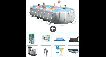 Intex Ovaal Prism Frame Zwembad - 610 x 305 x 122 cm - Grijs - Inclusief Pomp - Ladder - Grondzeil - Afdekzeil - Loungebed - Solar Mat - 9-delig