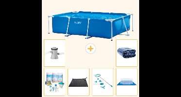 Intex Rechthoekig Frame Zwembad - 220 x 150 x 60 cm - Blauw - Inclusief Onderhoudspakket - Solar Mat - Schoonmaakset - Grondzeil - Zwembadfilterpomp - Solarzeil - 7-delig