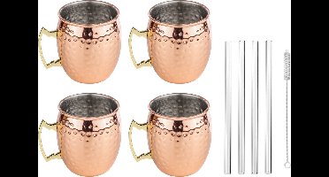 Set van 4x Cocktailbekers Moscow Mule 500 ml - Inclusief 4x glazen herbruikbare rietjes
