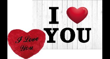 Out of the Blue Pluche knuffel kussen rood I Love You - 60 cm - met I Love You wenskaart