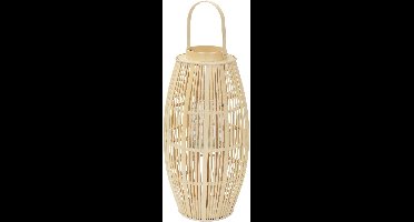 Bamboe lantaarn, windlicht H: 75 cm houtkleur, boho tuinlantaarn met handvat & glazen inzet, rieten kaarsenhouder