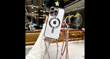 iPhone 15 Plus Magsafe Silicone Hoes met Koord / Touwtje - Rose Goud