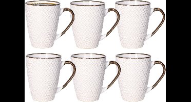Secret de Gourmet Koffiemokken Harlekijn - 6x stuks - Keramiek - wit/goud - 300 ml - 8 x 11 cm - Luxe uitstraling