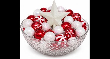 Kerstballen - 60x - wit met rood - kunststof - incl. glazen piek - kerstversiering