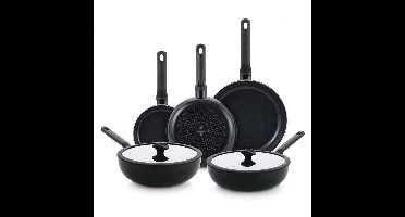 BK Enjoy Pannenset 5-delig - Koekenpannen 20/24/28cm - Hapjespan met deksel 28cm - Wokpan met deksel 28cm - PFAS-vrije antikleeflaag - Inductie pannenset - Keramische pannenset - Ovenbestendig tot 160°C - Koudgrepen - Zwart