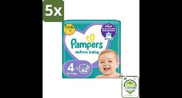 5 x Pampers – Luiers – Active Baby Maat 4 (9-14 kg) – 62 Luiers - Grootverpakking - Vaatwasstrips - Luiers Voor Baby - Droge Luiers - Actieve Baby - Superabsorberende Luiers - Anti-lek Luiers