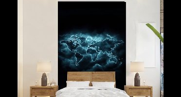 Behang - Fotobehang Wereldkaart - Bliksem - Blauw - Breedte 145 cm x hoogte 220 cm