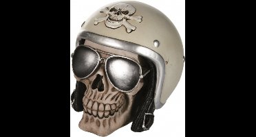 Spaarpot van Schedel met motorhelm - 16 x 12 cm - polyresin - Biker - volwassenen