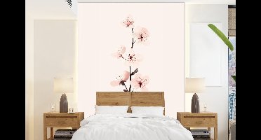 Behang - Fotobehang Minimalistisch - Bloesem - Tak - Roze - Breedte 160 cm x hoogte 220 cm