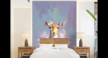 Behang - Fotobehang Hert - Bloemen - Verf - Portret - Dieren - Breedte 160 cm x hoogte 220 cm