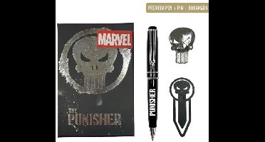 Marvel The Punisher Schrijfset - Pen, Pin en Bladwijzer - Fan Cadeau - Cadeaudoos - Zwart