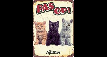 Waakbord Blik Katten Plenty Gifts - Vintage Uiterlijk - 21x14cm, Met Tekst 'Pas Op! Katten'