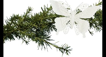 Kerstboomversiering Vlinder - 2x stuks - 16 cm - wit glitter - op clip