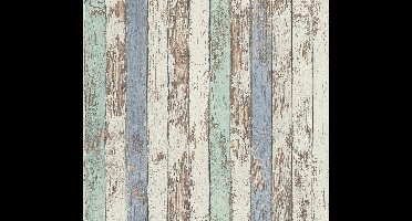 VERWEERDE HOUTEN PLANKEN BEHANG | industrieel - Wit Bruin Blauw - A.S. Création Elements 2