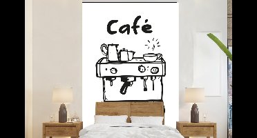 Behang - Fotobehang Illustratie - Café - Koffiemachine - Kopjes - Breedte 160 cm x hoogte 240 cm