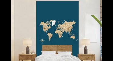 Behang - Fotobehang Wereldkaart - Donkerblauw - Beige - Breedte 160 cm x hoogte 240 cm