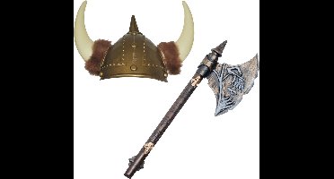 Funny Fashion Viking verkleedkleding set - 2 delig - heren - vikinghelm met hoorns - hakbijl van 68 cm - Noormannen