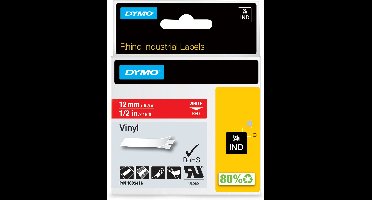 DYMO Rhino industriële Vinyl Labels | 12 mm x 5,5 m | witte afdruk op rood | zelfklevende labels voor Rhino & LabelManager labelprinters