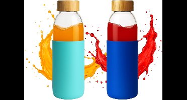 Glazen drinkfles x2 - Waterfles set van 2 met bamboe dop - Stijlvolle glazen fles met siliconen omhulsel - Drinkbus - Drink fles volwassenen - 500ml - BPA vrij - Transparant / Donkerblauw / Licht Blauw
