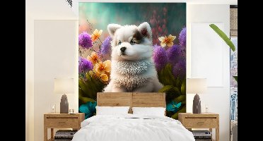 Behang - Fotobehang Puppy - Bloemen - Planten - Natuur - Husky - Breedte 160 cm x hoogte 220 cm
