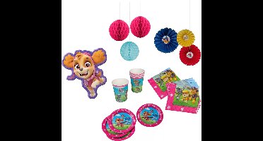Paw Patrol - Feestpakket - Kinderfeest - Feestversiering - Verjaardag - Bordjes - Bekers - Servetten - Waaier plafonddecoratie - 2 kleuren Honeycomb hangdecoratie - Helium ballon - Roze.