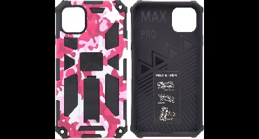 Hoesje Geschikt voor iPhone 11 Pro Max Hoesje - Rugged Extreme Backcover Camouflage met Kickstand - Pink