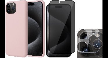 Hoesje geschikt voor iPhone 15 Pro - Privacy Screenprotector FullGuard & Camera Lens Screen Protector - Back Cover Case SoftTouch Roze