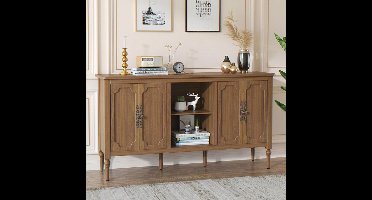 Sierra, Commode met 4 deuren en open kast, vintage accent sideboard buffet kast hout, bruin commodes en dressoirs voor woonkamer, eetkamer, keuken