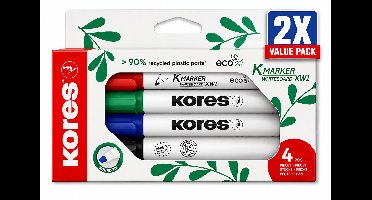 Kores Eco Permanent Markers Set van 4 Kleuren - Voordeelverpakking van 2 Etuis (8 Stiften Totaal) - Ronde Punt 3 mm - Milieuvriendelijk Hervulbaar Design - Permanente Inkt