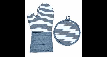 Ovenhandschoen en Pannenlap Set – Blauw/Grijsblauw – 2-delige Keukenset met Witte Strepen – Ovenwant 18 x 34 cm + Ronde Pannenlap Ø 21 cm