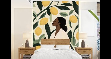 Behang - Fotobehang Vrouw - Mand - Citroenen - Bladeren - Breedte 160 cm x hoogte 220 cm