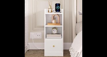 Sierra Nachtkastje met Oplaadstation, USB & Type C Poort, Smalle Eindtafel, 3 Tiers Opbergruimte met 1 Lade, Ruimtebesparend, voor Slaapkamer, Woonkamer, Thuiskantoor, Wit