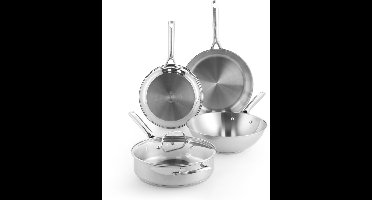 BK Sparkling Pannenset 4-delig - Koekenpannen 24/28cm - Wokpan 28cm - Hapjespan met deksel 28cm - Zonder antikleeflaag - Pannenset inductie - RVS pannenset - Ovenbestendig tot 230Â°C - RVS handgrepen - Zilver