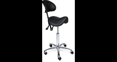 Ergonomische Zadelkruk met Rugleuning Premium Zwart op Wielen Hoge uitvoering (70-84cm) / Zonder voetensteun / Standaard wielen