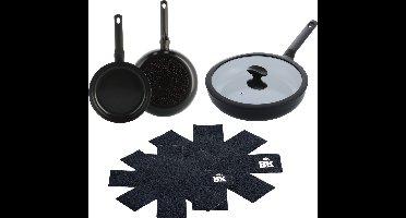 BK Enjoy Pannenset 3-delig - Koekenpannen 24/28cm - Hapjespan met deksel 28cm/3.4L - PFAS-vrije antikleeflaag - Pannenset inductie - Keramische Pannenset - Ovenbestendig tot 160°C - Koudgrepen - Met Panbeschermer - Zwart