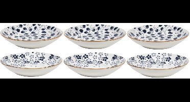 Cookinglife Diepe Borden Fleuris - Pastaborden Set Van 6 - Pasta Bowl - Aardewerk Wit Met Blauw - Vaatwasserbestendig En Magnetronbestendig - 20 cm