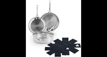 BK Sparkling Pannenset 3-delig - Koekenpannen 24/28cm - Hapjespan 28cm/3.6L - Zonder antikleeflaag - Pannenset inductie - RVS pannenset - Ovenbestendig tot 230°C - RVS handgrepen - Met Panbeschermer - Zilver