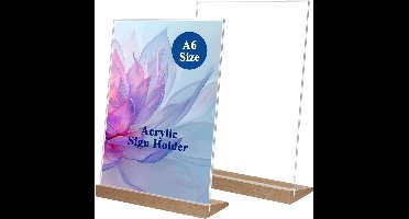 2x A6 Acryl Displayhouder met Houten Basis - Tafelmodel