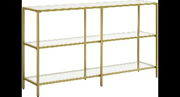Hoppa! consoletafel. haltafel. 3 niveaus. bijzettafel. legplanken van gehard glas. 130 x 30 x 73 cm. metalen frame. goudkleurig