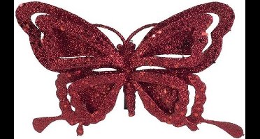 Cosy & trendy Kerstboomversiering - vlinder op clip - bordeaux rood - glitter - kunststof - 14 cm
