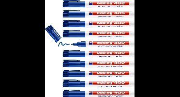 edding 400 permanent marker - blauw - 10 stiften - ronde punt 1 mm - watervast, sneldrogend - wrijfvast - voor karton, kunststof, hout, metaal, glas