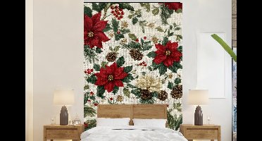 Behang - Fotobehang Feestelijk - Textielpatroon - Kerstbloemen - Kleurrijk - Breedte 145 cm x hoogte 220 cm