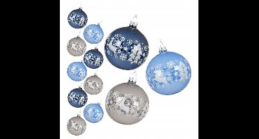 12x Glazen Kerstballen Mix 8 cm - Transparant met Wintermotief