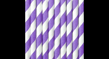 Partydeco drinkrietjes gestreept - van papier - paars/wit - 10x stuks - verjaardag drinkrietjes - 19 cm