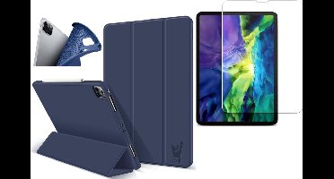 Hoes geschikt voor iPad Pro 2021 11 inch - Screenprotector GlassGuard - Trifold Book Case Kunstleer Tablet Hoesje Blauw