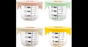 4 stuks bewaardoosjes voor babyvoeding - 180 ml - van glas, vriesbestendig - met maataanduiding - siliconen deksel voor opslag van babyvoeding en fruit