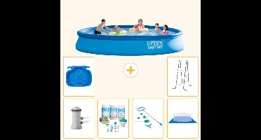 Intex Rond Opblaasbaar Easy Set Zwembad - 457 x 84 cm - Blauw - Inclusief Pomp - Onderhoudspakket - Schoonmaakset - Grondzeil - Voetenbad - Ladder - 7-delig