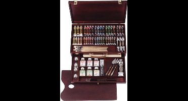 Oil Colour kist "Excellent" 19 x 15 ml + 18 x 40 ml + 3 x 60 ml + 1 x 150 ml olieverf met penselen, palet, paletdoppen, schildersmessen en hulpmiddelen