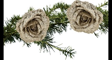 Cosy & Trendy Roos champagne glitter - 2x stuks - clip - kunststof - 18 cm - kerstversieringen